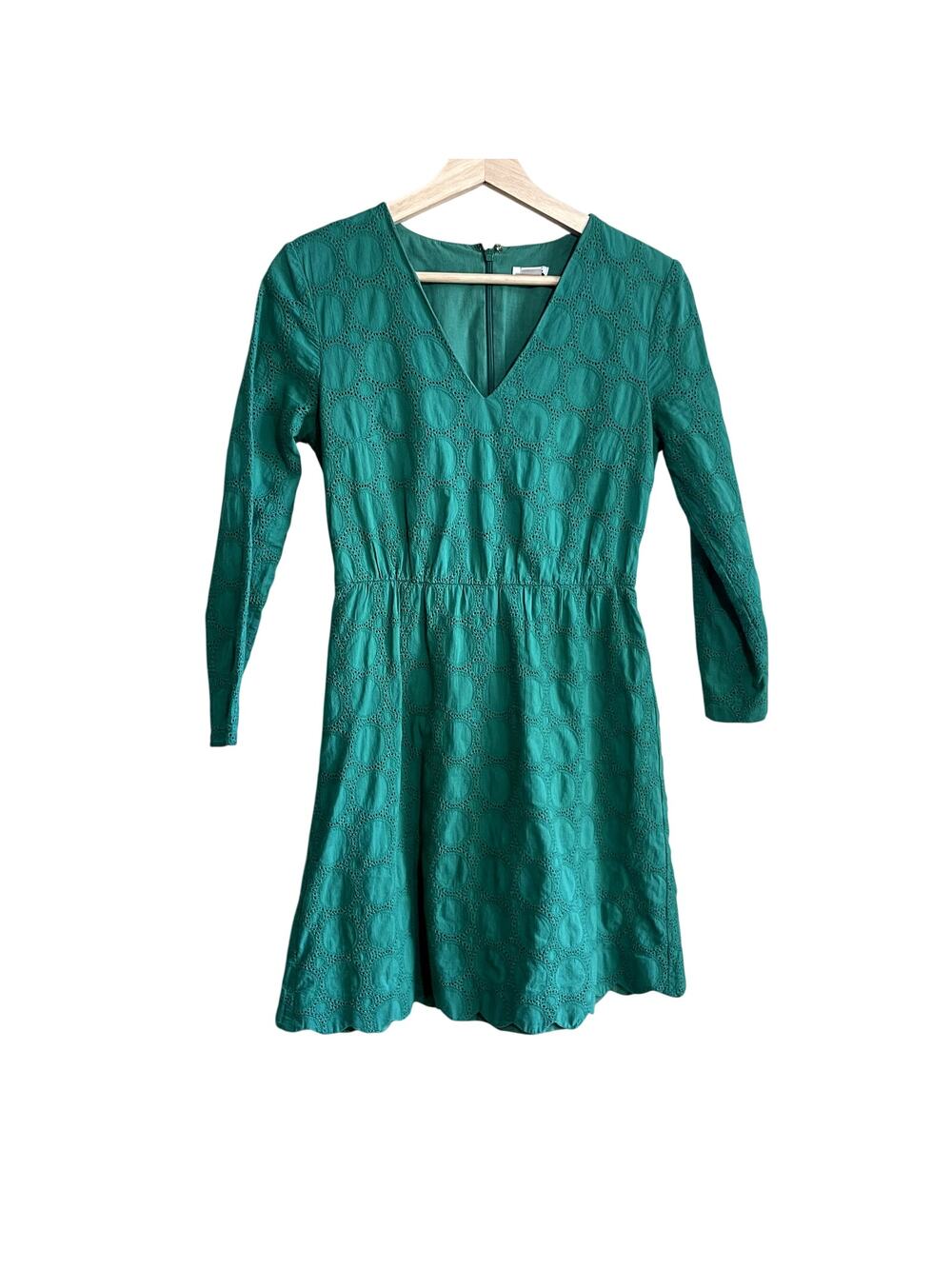 J.Crew Factory green long sleeved midi length v-neck embroidered dress women's 0